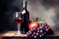 Bottle of red wine with glass and bunch of grapes, still life painted with watercolors on textured paper. Digital Watercolor Royalty Free Stock Photo