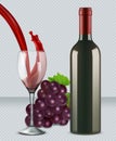 Bottle of red wine with glass and grape. 3d vector realistic