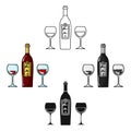 Bottle of red wine with glasses icon in cartoon,black style isolated on white background. Restaurant symbol stock vector Royalty Free Stock Photo