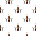Bottle of red wine with glasses icon in cartoon style isolated on white background. Restaurant pattern stock vector Royalty Free Stock Photo