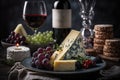 Bottle of red wine with grapes and a delicious cheese plate. Still life style. Generative AI Royalty Free Stock Photo