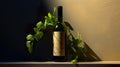 Bottle of red wine with green leaves on a shelf in a dark room Royalty Free Stock Photo