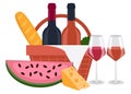 Bottle of red wine, bottle of orange wine, wine glasses, cheese, baguette, watermelon and picnic basket.