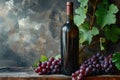 A bottle of red wine is placed next to a bunch of ripe grapes on a wooden table, An old and expensive bottle of wine with a Royalty Free Stock Photo
