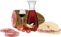 Bottle of red wine with pork sausage cup Royalty Free Stock Photo