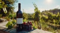 Bottle of red wine with ripe grapes on wooden table, AI Generative Royalty Free Stock Photo