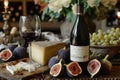 A bottle of red wine is seen placed next to a glass, both containing red wine, A sophisticated still life featuring ripened figs, Royalty Free Stock Photo