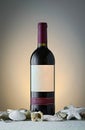 Bottle of red wine on table with sand and shells Royalty Free Stock Photo