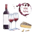 A bottle of red wine with two glasses, cheese for tasting and round wine stains. Watercolor hand drawn illustration Royalty Free Stock Photo