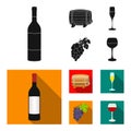 A bottle of red wine, a wine barrel, a glass of champagne, a bunch. Wine production set collection icons in black, flat Royalty Free Stock Photo