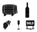 A bottle of red wine, a wine barrel, a glass of champagne, a bunch. Wine production set collection icons in black style Royalty Free Stock Photo