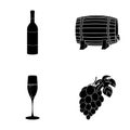 A bottle of red wine, a wine barrel, a glass of champagne, a bunch. Wine production set collection icons in black style Royalty Free Stock Photo