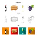 A bottle of red wine, a wine barrel, a glass of champagne, a bunch. Wine production set collection icons in cartoon Royalty Free Stock Photo