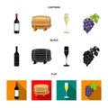 A bottle of red wine, a wine barrel, a glass of champagne, a bunch. Wine production set collection icons in cartoon Royalty Free Stock Photo