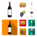 A bottle of red wine, a wine barrel, a glass of champagne, a bunch. Wine production set collection icons in cartoon,flat Royalty Free Stock Photo
