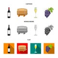 A bottle of red wine, a wine barrel, a glass of champagne, a bunch. Wine production set collection icons in cartoon,flat Royalty Free Stock Photo