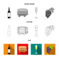 A bottle of red wine, a wine barrel, a glass of champagne, a bunch. Wine production set collection icons in flat,outline Royalty Free Stock Photo