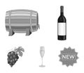 A bottle of red wine, a wine barrel, a glass of champagne, a bunch. Wine production set collection icons in monochrome Royalty Free Stock Photo