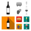 A bottle of red wine, a wine barrel, a glass of champagne, a bunch. Wine production set collection icons in monochrome Royalty Free Stock Photo