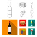 A bottle of red wine, a wine barrel, a glass of champagne, a bunch. Wine production set collection icons in outline,flat Royalty Free Stock Photo