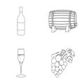 A bottle of red wine, a wine barrel, a glass of champagne, a bunch. Wine production set collection icons in outline Royalty Free Stock Photo
