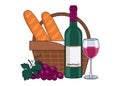 Bottle of red wine, wine in a glass, baguettes, grapes and a picnic basket. With an outline. Royalty Free Stock Photo