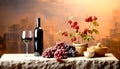 Bottle of red wine, wine glass, cheese, grapes on wooden background. Beverage and wine concept Royalty Free Stock Photo