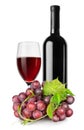 Bottle of red wine, wineglass and grapes