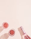 Bottle of rose champagne wine and two glasses with drink in bright sunlight. Summer vacation concept. Royalty Free Stock Photo