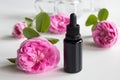 A bottle of rose essential oil with rose flowers Royalty Free Stock Photo