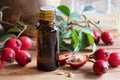 A bottle of rose hip seed oil on a wooden table Royalty Free Stock Photo