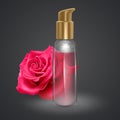 Bottle of rose oil on dark background, glass vial with professional facial serum on red rose background, realistic Vector