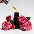 A bottle of rose oil with fresh flowers on a white background. Rose oil.