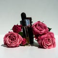 A bottle of rose oil with fresh flowers on a white background. Rose oil. Royalty Free Stock Photo