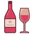 Bottle with rose wine and filled glass. Flat style illustration of pink bottle Royalty Free Stock Photo