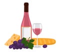 Bottle of rose wine, wine in a glass, cheese, baguette and grape.