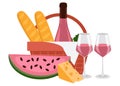 Bottle of rose wine, wine in glasses, cheese, baguettes, watermelon and a picnic basket.