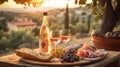 Bottle of rose wine and two full glasses of wine on table in heart of Provence, France with french bread, cheese, ham Royalty Free Stock Photo