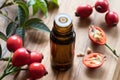 A bottle of rosehip seed oil on a wooden table Royalty Free Stock Photo