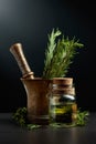 Bottle of rosemary aromatherapy oil extract with fresh rosemary branches