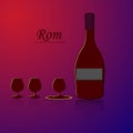 Bottle of rum and three wineglass, illustration on purple blue g