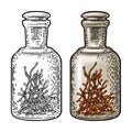 Bottle with saffron dry threads. Vintage vector engraving illustration. Isolated