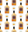 Bottle Scotch seamless pattern. Glass of whiskey and ice ornament. bourbon background. Drink backdrop. Alcohol texture