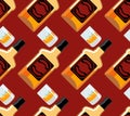 Bottle Scotch seamless pattern. Glass of whiskey and ice ornament. bourbon background. Drink backdrop. Alcohol texture