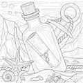 Bottle and scroll at the bottom of the ocean.Coloring book antistress for children and adults. Illustration isolated on