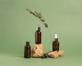 A bottle of serum oil cosmetic on an abstract podium made of natural materials stones plants green pastel background. Royalty Free Stock Photo