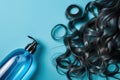 Bottle of shampoo and hair curlers on blue background, top view Royalty Free Stock Photo