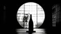 Bottle Silhouette Stands Framed by a Circular Japanese Window Creating a Serene and Elegant Atmosphere Royalty Free Stock Photo