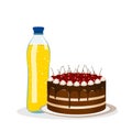 Bottle with soda and cake.