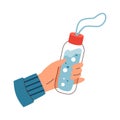 Bottle of soda or pure still water in hand, flat vector illustration isolated. Royalty Free Stock Photo